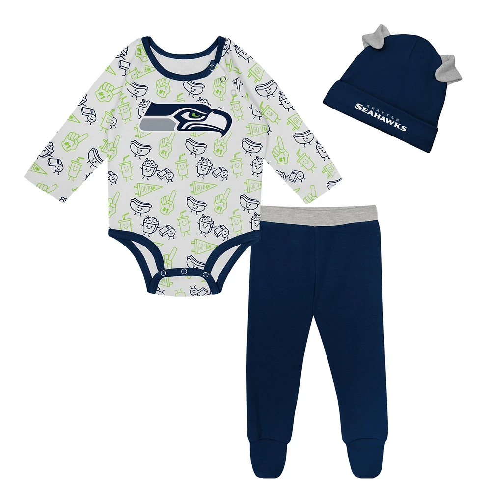 Ensemble 3 pièces avec body à manches longues, pantalon et bonnet en tricot revers Little Champ des Seattle Seahawks pour nouveau-nés nourrissons