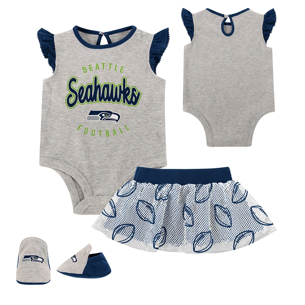 Nouveau-né Heather Grey/Navy Seattle Seahawks All Dolled Up Ensemble trois pièces body, jupe et chaussons