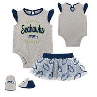 Nouveau-né Heather Grey/Navy Seattle Seahawks All Dolled Up Ensemble trois pièces body, jupe et chaussons