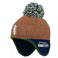 Bonnet en tricot à tête de football des Seattle Seahawks marron préscolaire avec pompon