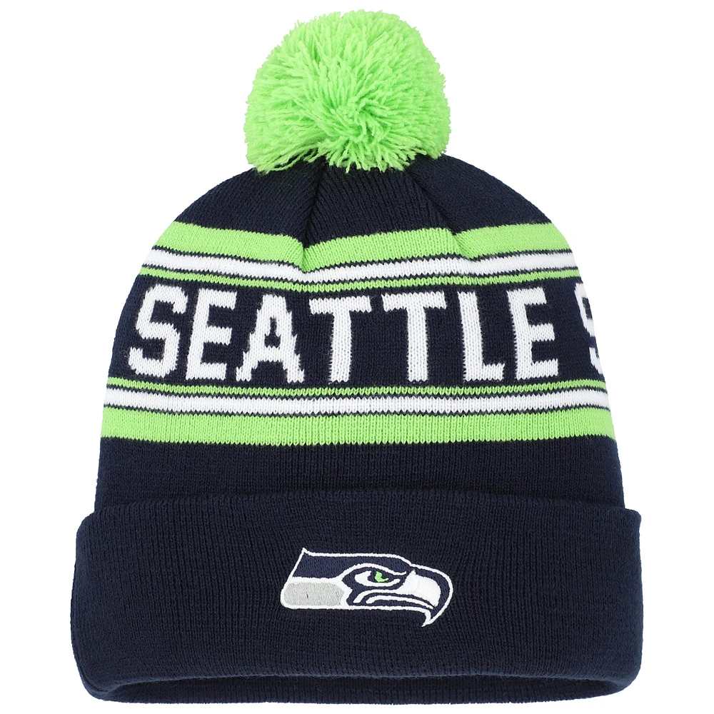 Bonnet en tricot à revers en jacquard bleu marine Seattle Seahawks pour enfants d'âge préscolaire et collège avec pompon