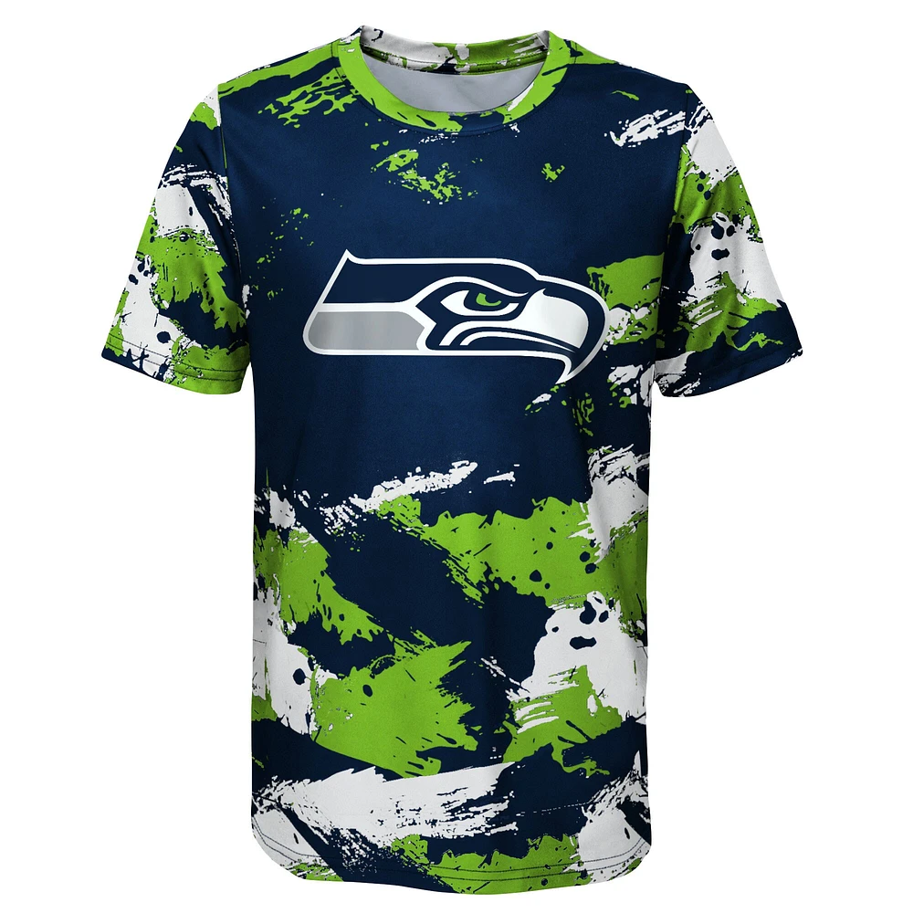 T-shirt préscolaire à motif croisé bleu marine/vert fluo des Seattle Seahawks