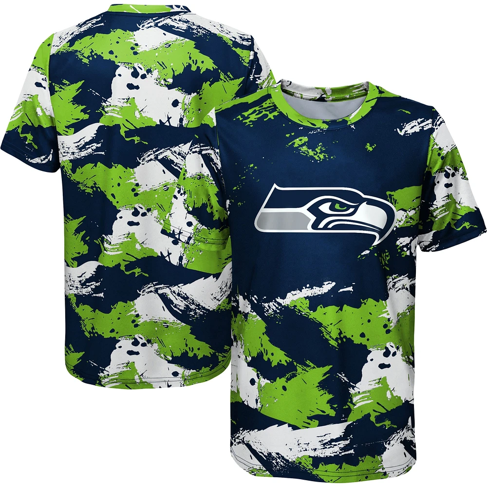 T-shirt préscolaire à motif croisé bleu marine/vert fluo des Seattle Seahawks