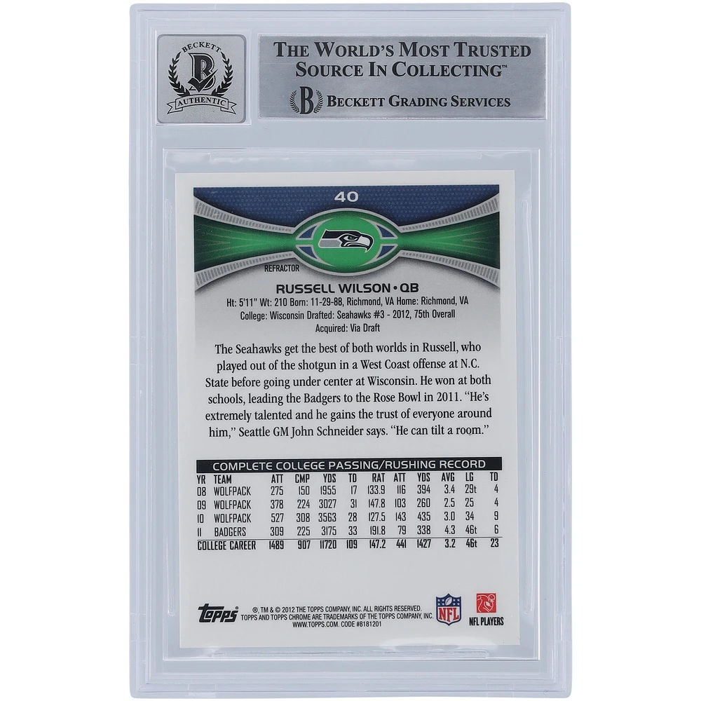 Russell Wilson Seattle Seahawks Autographed 2012 Topps Chrome Refractor #40 Beckett Fanatics Witnessed Authenticated 10 Rookie Card