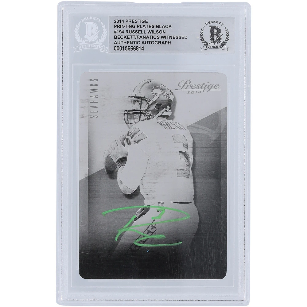 Russell Wilson Seattle Seahawks Plaque d'impression Panini Prestige noire autographiée 2014 #194 #1/1 Beckett Fanatics Carte authentifiée avec témoin