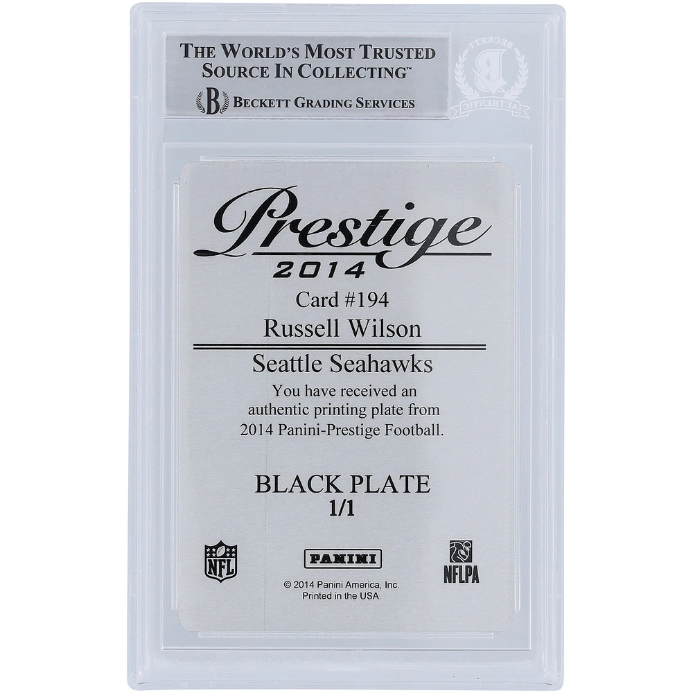 Russell Wilson Seattle Seahawks Plaque d'impression Panini Prestige noire autographiée 2014 #194 #1/1 Beckett Fanatics Carte authentifiée avec témoin