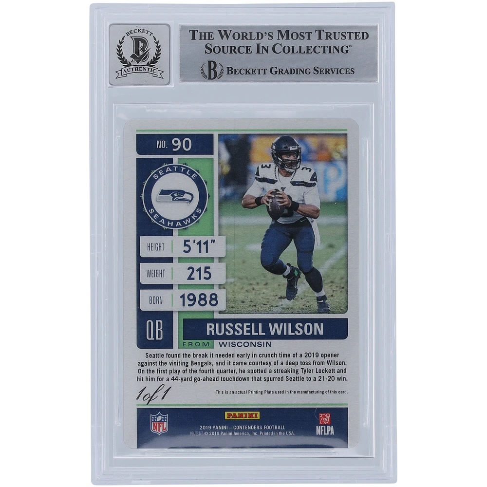 Russell Wilson Seattle Seahawks Autographed 2019 Panini Contenders Black Printing Plate #90 #1/1 Beckett Fanatics Witnessed Authenticated 10 Card