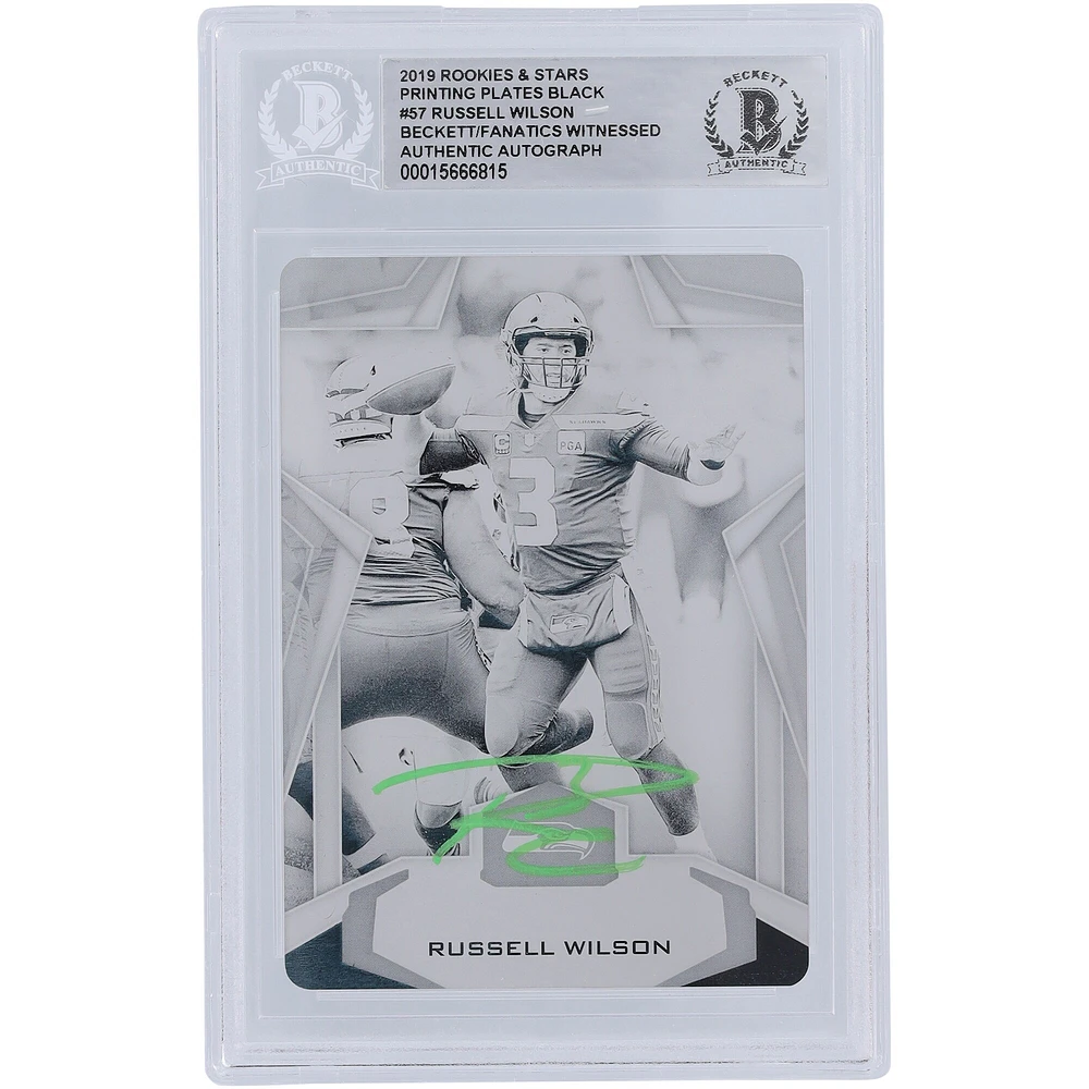 Russell Wilson Seattle Seahawks Autographed 2019 Panini Rookies & Stars Black Printing Plate #57 #1/1 Beckett Fanatics Witnessed Authenticated Card