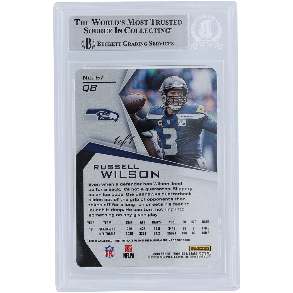 Russell Wilson Seattle Seahawks Autographed 2019 Panini Rookies & Stars Black Printing Plate #57 #1/1 Beckett Fanatics Witnessed Authenticated Card