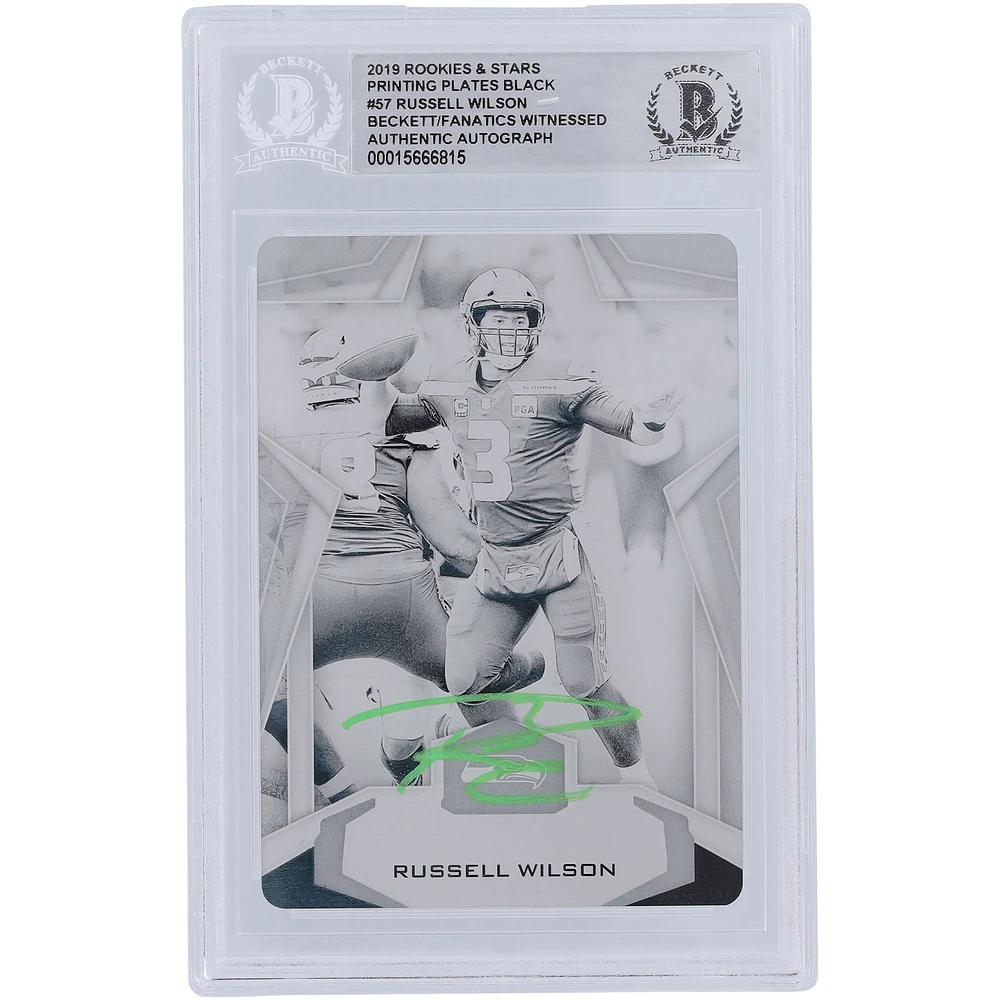 Russell Wilson Seattle Seahawks Autographed 2019 Panini Rookies & Stars Black Printing Plate #57 #1/1 Beckett Fanatics Witnessed Authenticated Card