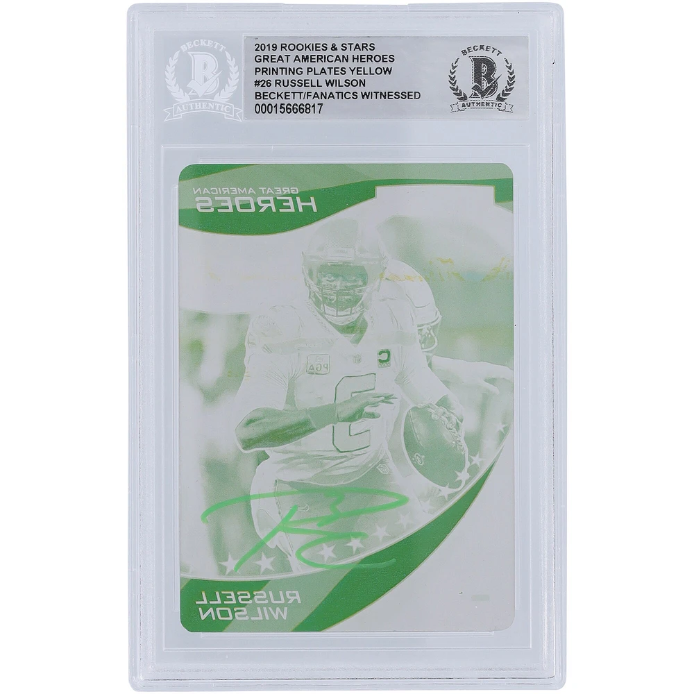 Russell Wilson Seattle Seahawks Plaque d'impression jaune autographiée Panini Rookies & Stars 2019 #GAH-RW #1/1 Beckett Fanatics Carte authentifiée avec témoin