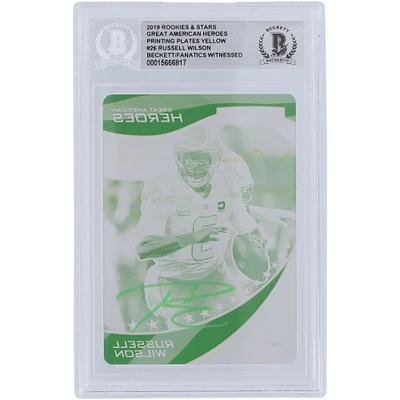 Russell Wilson Seattle Seahawks Plaque d'impression jaune autographiée Panini Rookies & Stars 2019 #GAH-RW #1/1 Beckett Fanatics Carte authentifiée avec témoin