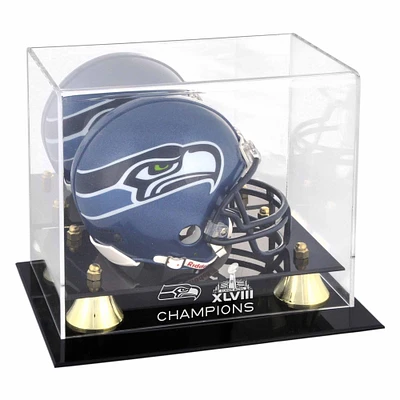 Vitrine de présentation du logo du mini casque Golden Classic des champions du Super Bowl XLVIII des Seattle Seahawks
