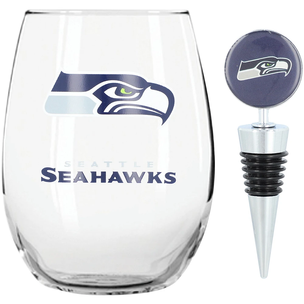 Verre à vin sans pied Seattle Seahawks de 15 oz avec bouchon pour bouteille de vin de The Memory Company