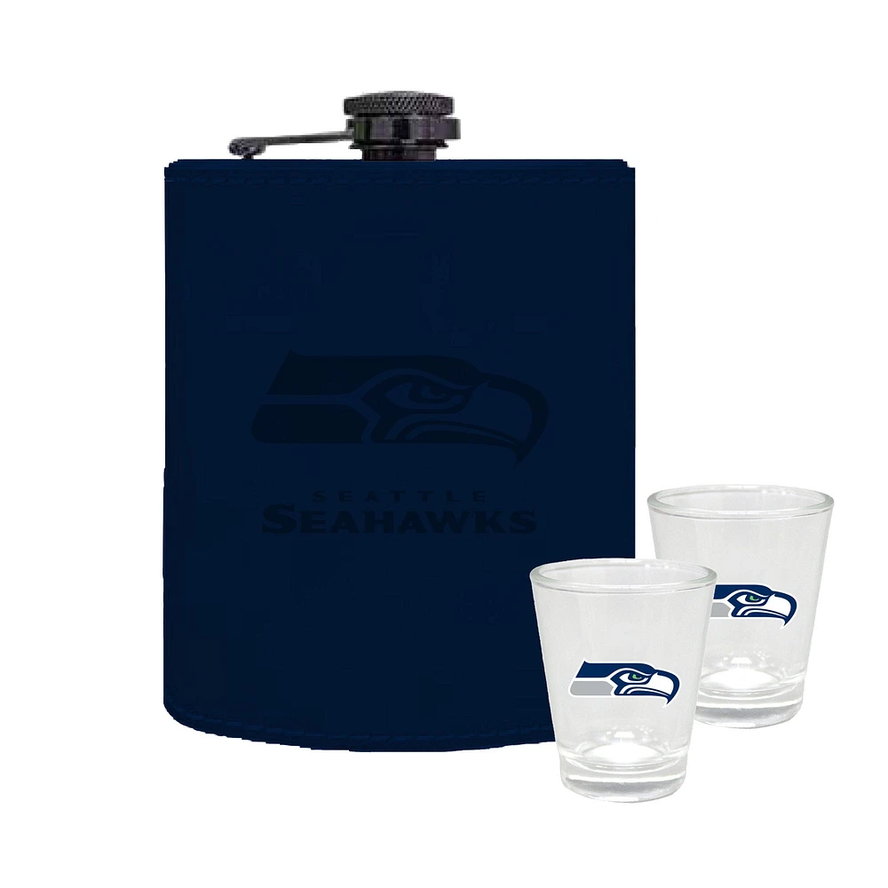 The Memory Company Seattle Seahawks Three-Pack 8oz. Leather Flask & 2oz. Shot Glass Set