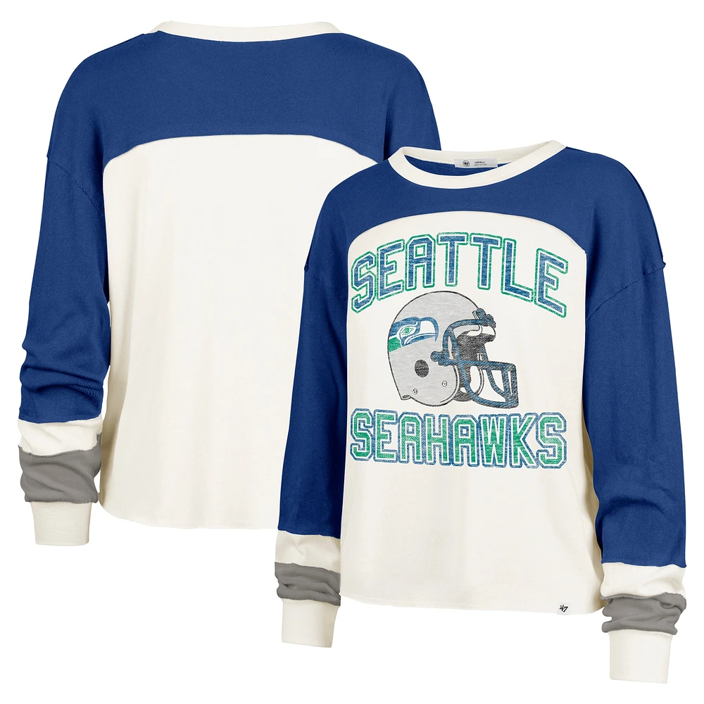 Women's '47 Cream Seattle Seahawks Double Header Curve Raglan Long Sleeve Crop Top