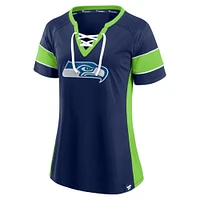 T-shirt à lacets raglan Team Draft Me bleu marine/vert fluo pour femme des Seattle Seahawks