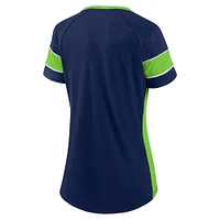 T-shirt à lacets raglan Team Draft Me bleu marine/vert fluo pour femme des Seattle Seahawks