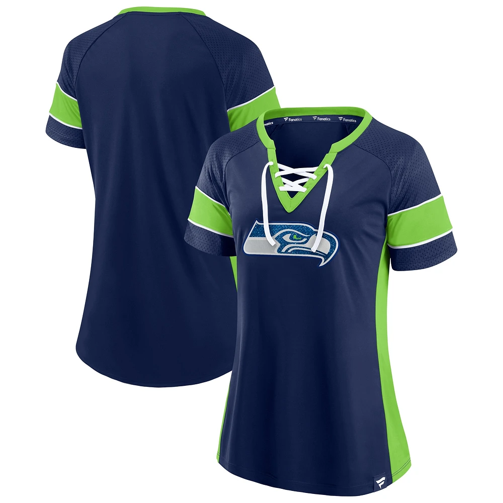 T-shirt à lacets raglan Team Draft Me bleu marine/vert fluo pour femme des Seattle Seahawks