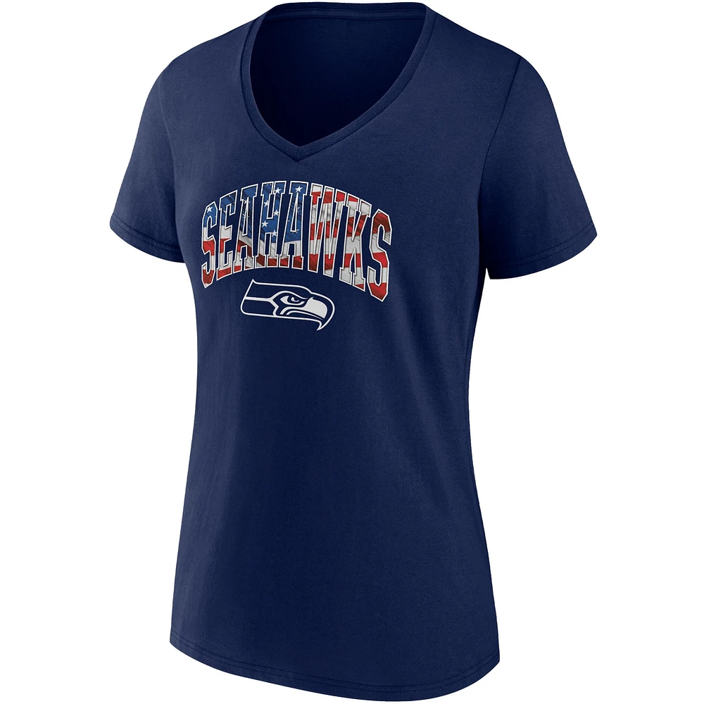 T-shirt à col en V pour femme avec bannière de l'équipe des Seattle Seahawks la marine