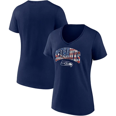 T-shirt à col en V pour femme avec bannière de l'équipe des Seattle Seahawks la marine