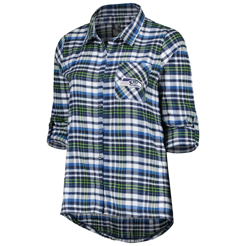 Women's Concepts Sport College Navy Seattle Seahawks Plus Mainstay Flannel Full-Button Long Sleeve Nightshirt