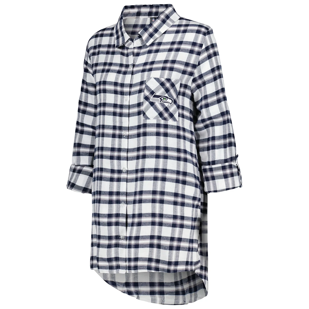 Women's Concepts Sport College Navy Seattle Seahawks Sienna Plaid Full-Button Long Sleeve Nightshirt