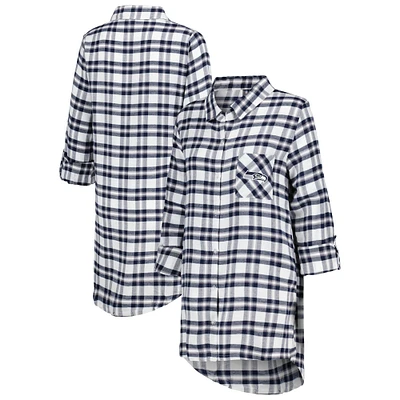 Women's Concepts Sport College Navy Seattle Seahawks Sienna Plaid Full-Button Long Sleeve Nightshirt