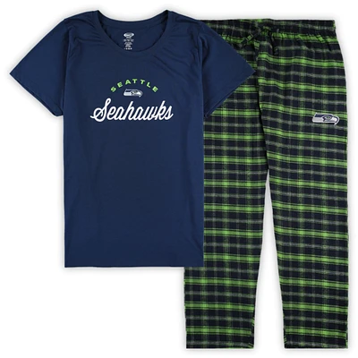 Ensemble de nuit Concepts Sport pour femmes, t-shirt avec badge et pantalon en flanelle, Seattle Seahawks, grande taille, bleu marine