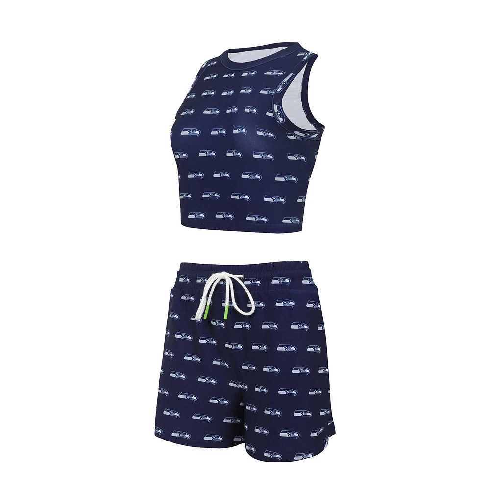 Women's Concepts Sport Seattle Seahawks Gauge Allover Print Cropped Tank Top & Shorts Sleep Set