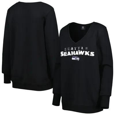 Seattle Seahawks Cuce Women's Sequin Logo V-Neck Pullover Sweatshirt - Black