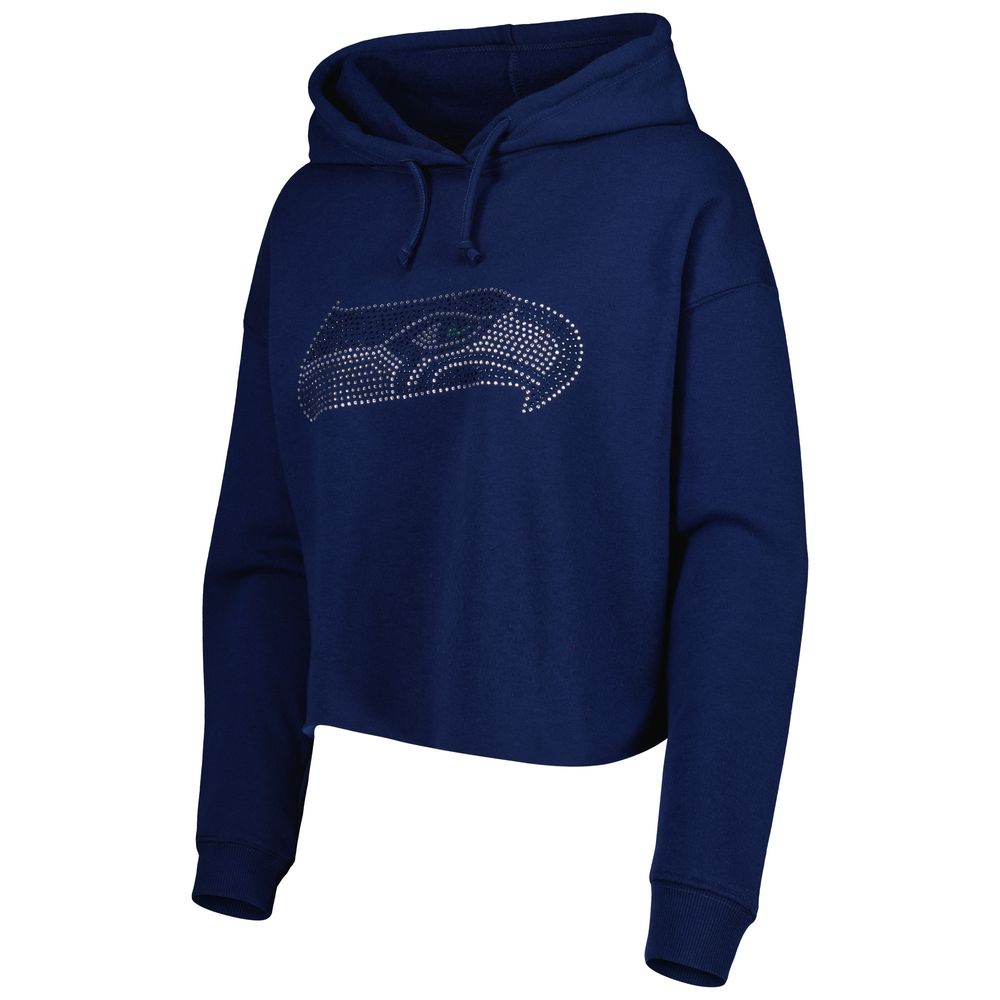 Women's Cuce College Navy Seattle Seahawks Crystal Logo Cropped Pullover Hoodie