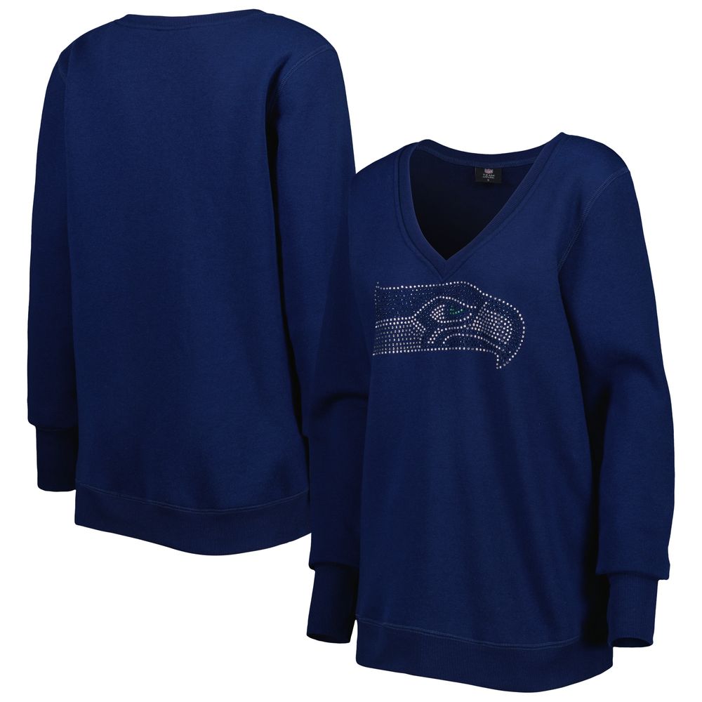 Women's Cuce College Navy Seattle Seahawks Deep V-Neck Pullover Sweatshirt