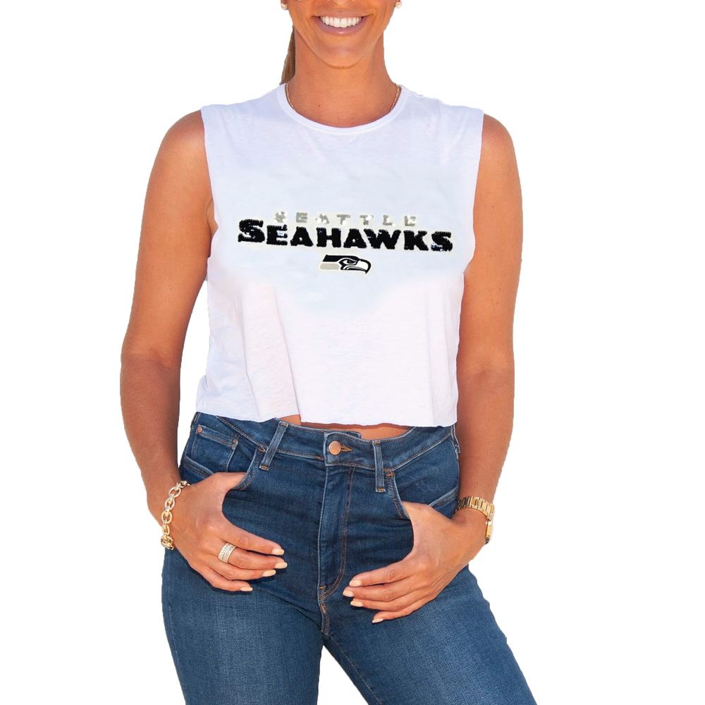 Women's Cuce White Seattle Seahawks Sequin Cropped Tank Top