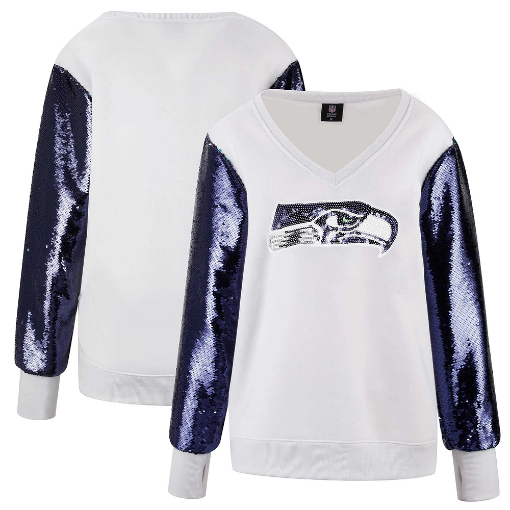 Sweat-shirt à col en V et manches paillettes pour femme Cuce White Seattle Seahawks