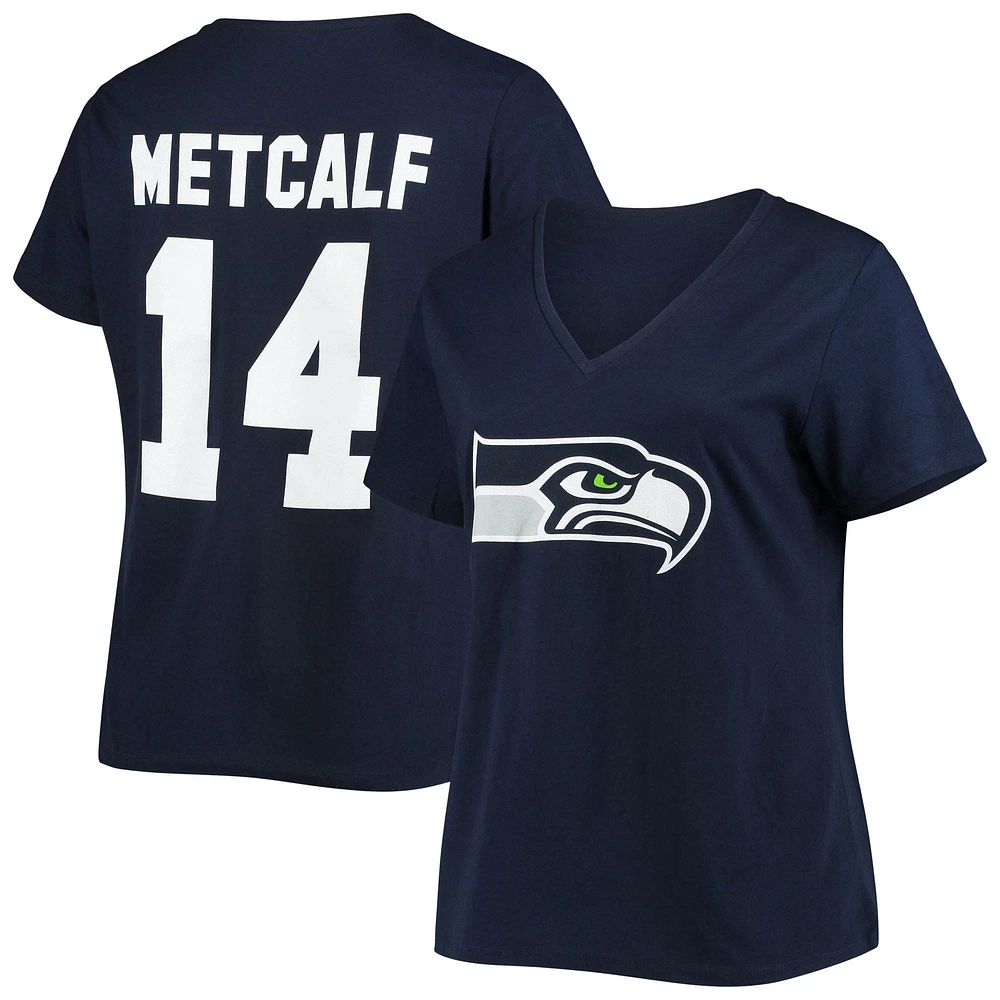 Women's DK Metcalf Navy Seattle Seahawks Plus Fair Catch Name & Number V-Neck T-Shirt