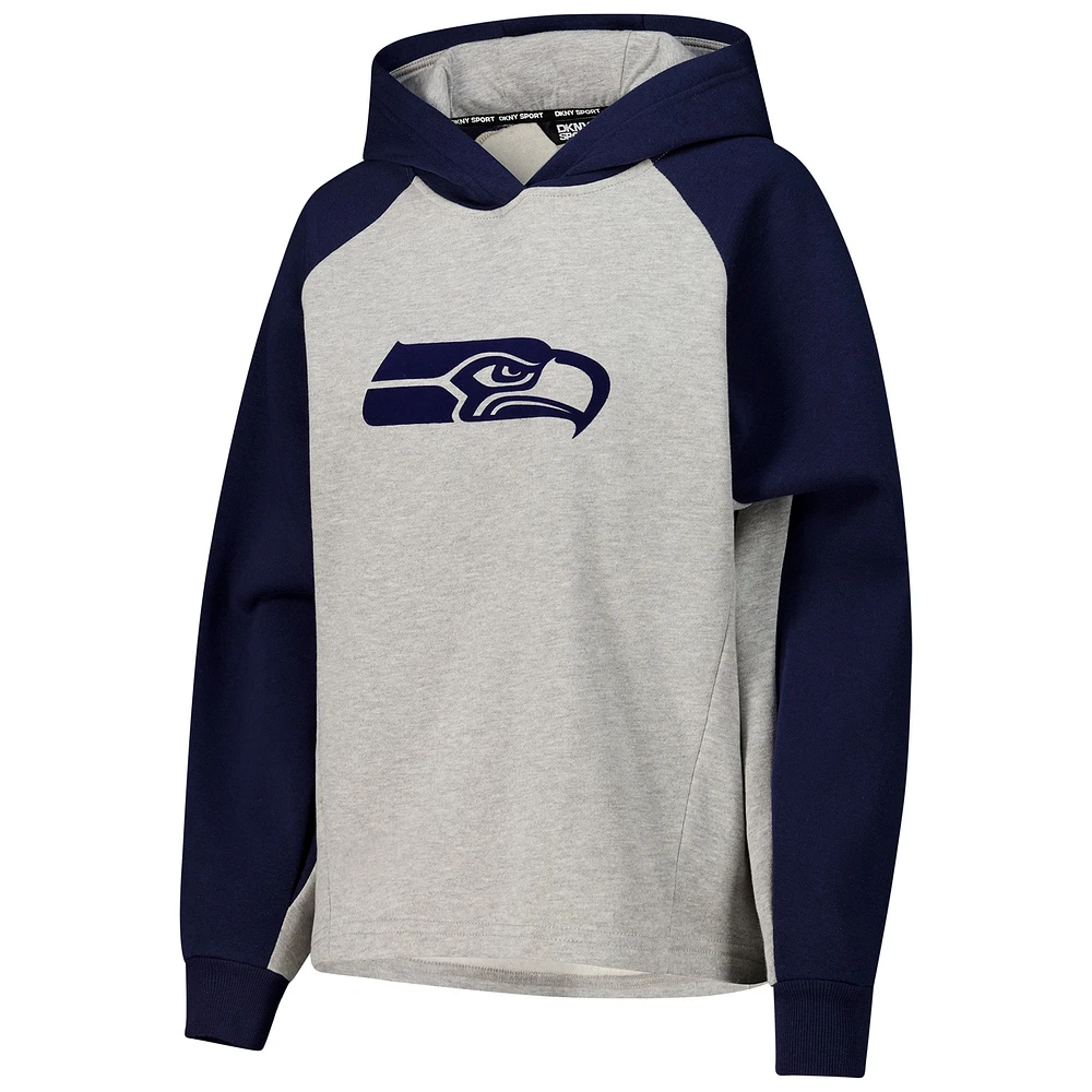 Sweat à capuche court raglan DKNY Sport gris/bleu marine pour femme des Seattle Seahawks Joy