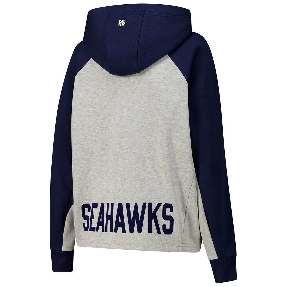 Sweat à capuche court raglan DKNY Sport gris/bleu marine pour femme des Seattle Seahawks Joy