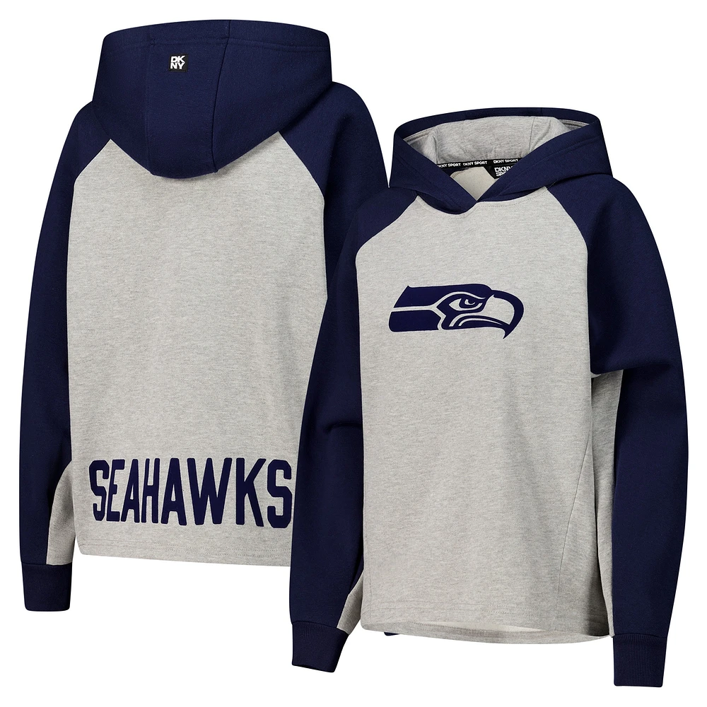 Sweat à capuche court raglan DKNY Sport gris/bleu marine pour femme des Seattle Seahawks Joy