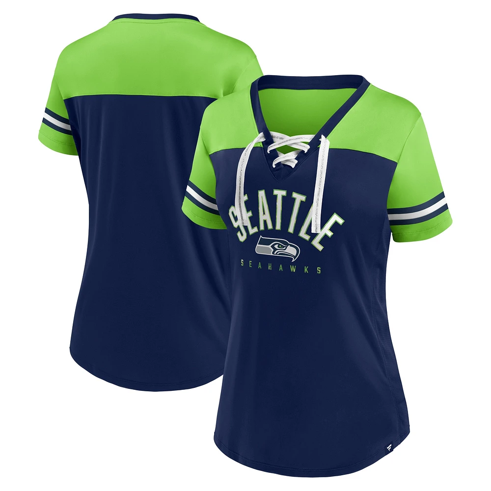 Women's Fanatics College Navy/Neon Green Seattle Seahawks Blitz & Glam Lace-Up V-Neck Jersey T-Shirt