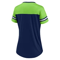 T-shirt en jersey à lacets et col V Fanatics College pour femmes, bleu marine/vert fluo, Seattle Seahawks Blitz & Glam