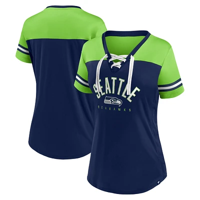 T-shirt en jersey à lacets et col V Fanatics College pour femmes, bleu marine/vert fluo, Seattle Seahawks Blitz & Glam