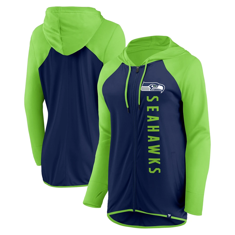 Sweat à capuche entièrement zippé pour femmes Fanatics College bleu marine/vert fluo Seattle Seahawks Forever Fan