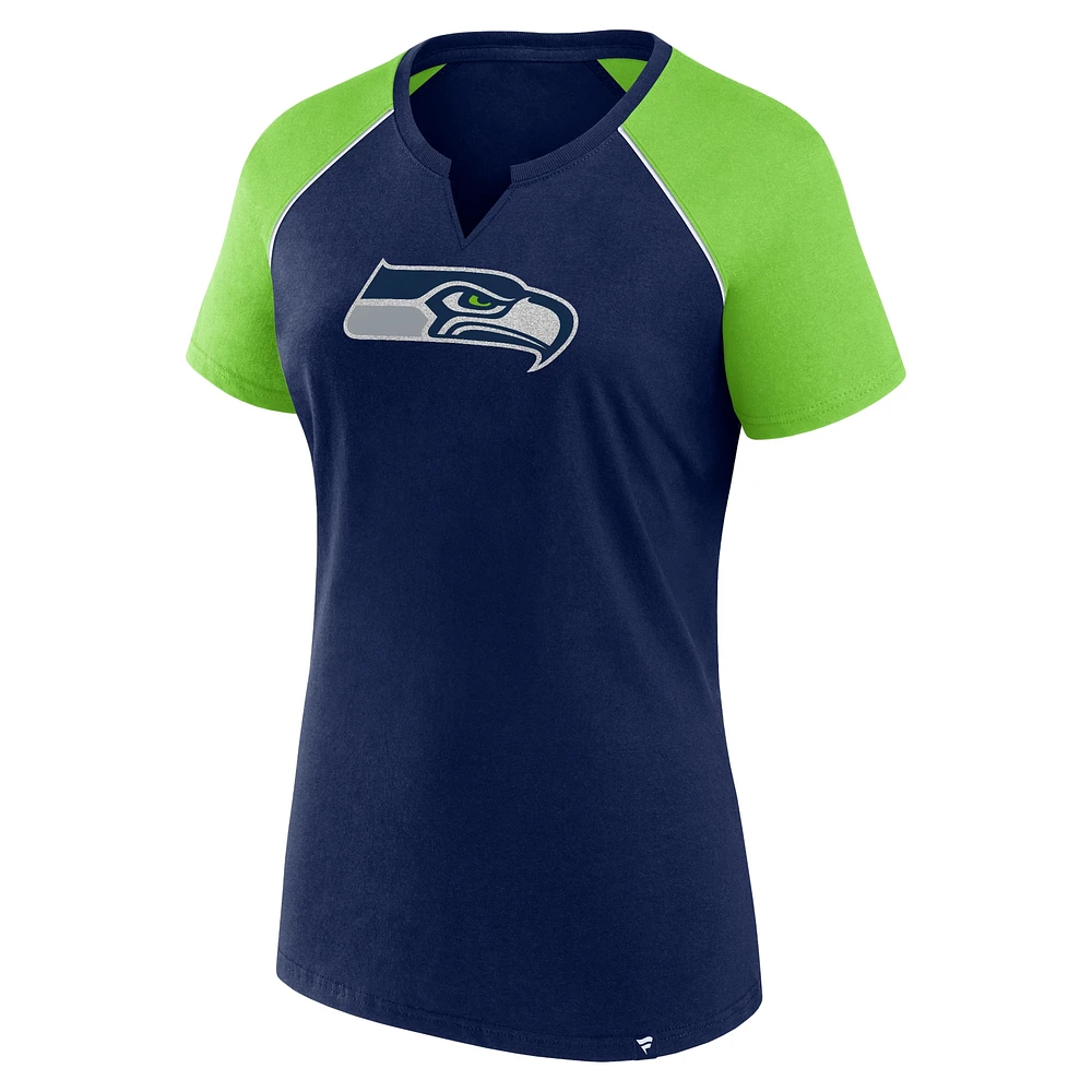 T-shirt raglan pailleté pour femme Fanatics College Navy/Neon Green des Seattle Seahawks