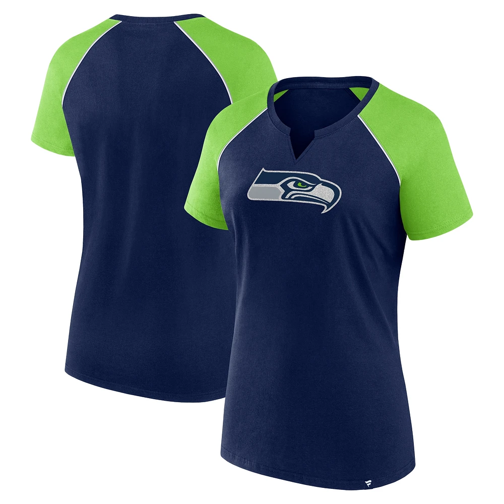 T-shirt raglan pailleté pour femme Fanatics College Navy/Neon Green des Seattle Seahawks