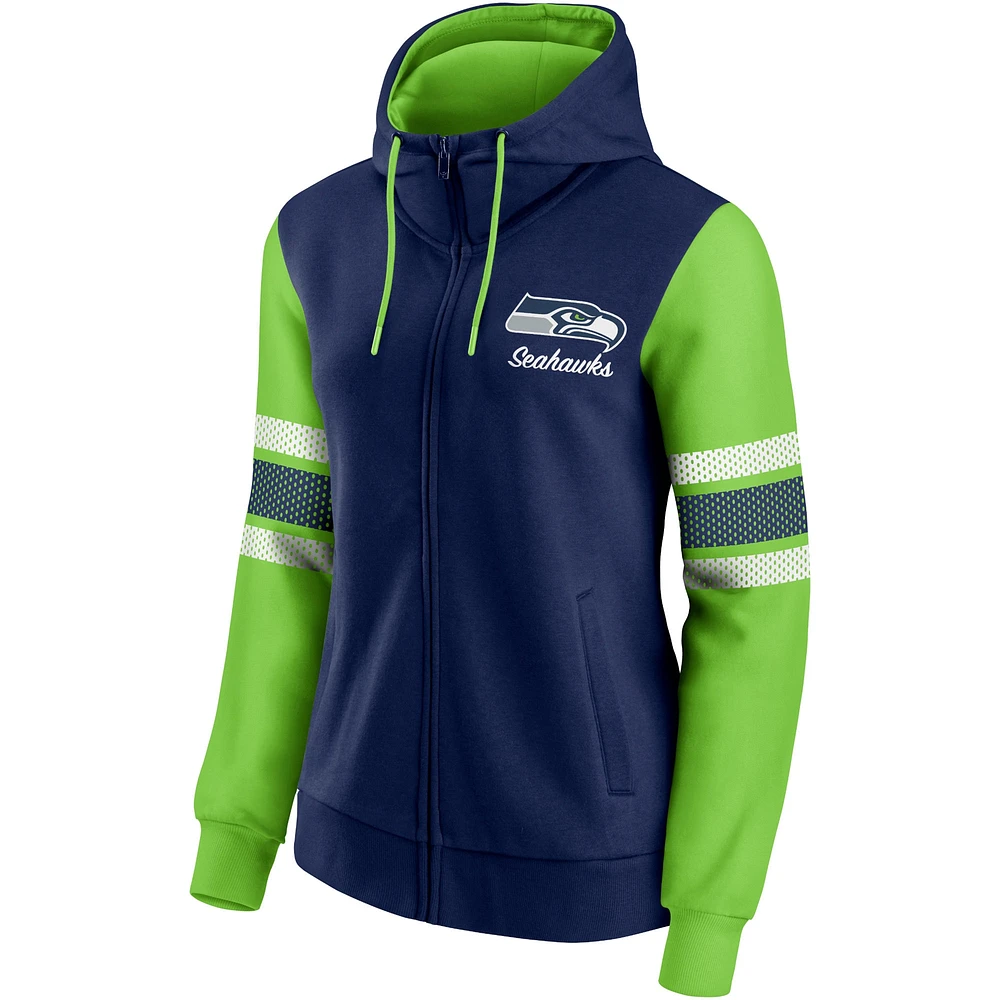 Sweat à capuche entièrement zippé pour femmes Fanatics College bleu marine/vert fluo Seattle Seahawks Primary Script