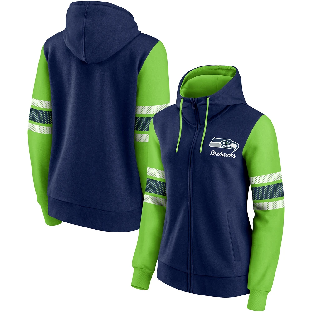 Sweat à capuche entièrement zippé pour femmes Fanatics College bleu marine/vert fluo Seattle Seahawks Primary Script