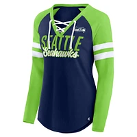 T-shirt à manches longues et col en V lacets Fanatics College pour femmes, bleu marine/vert fluo, Seattle Seahawks True to Form