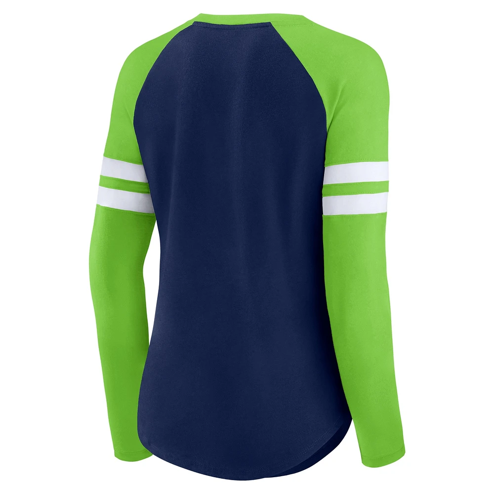 Women's Fanatics College Navy/Neon Green Seattle Seahawks True to Form Raglan Lace-Up V-Neck Long Sleeve T-Shirt