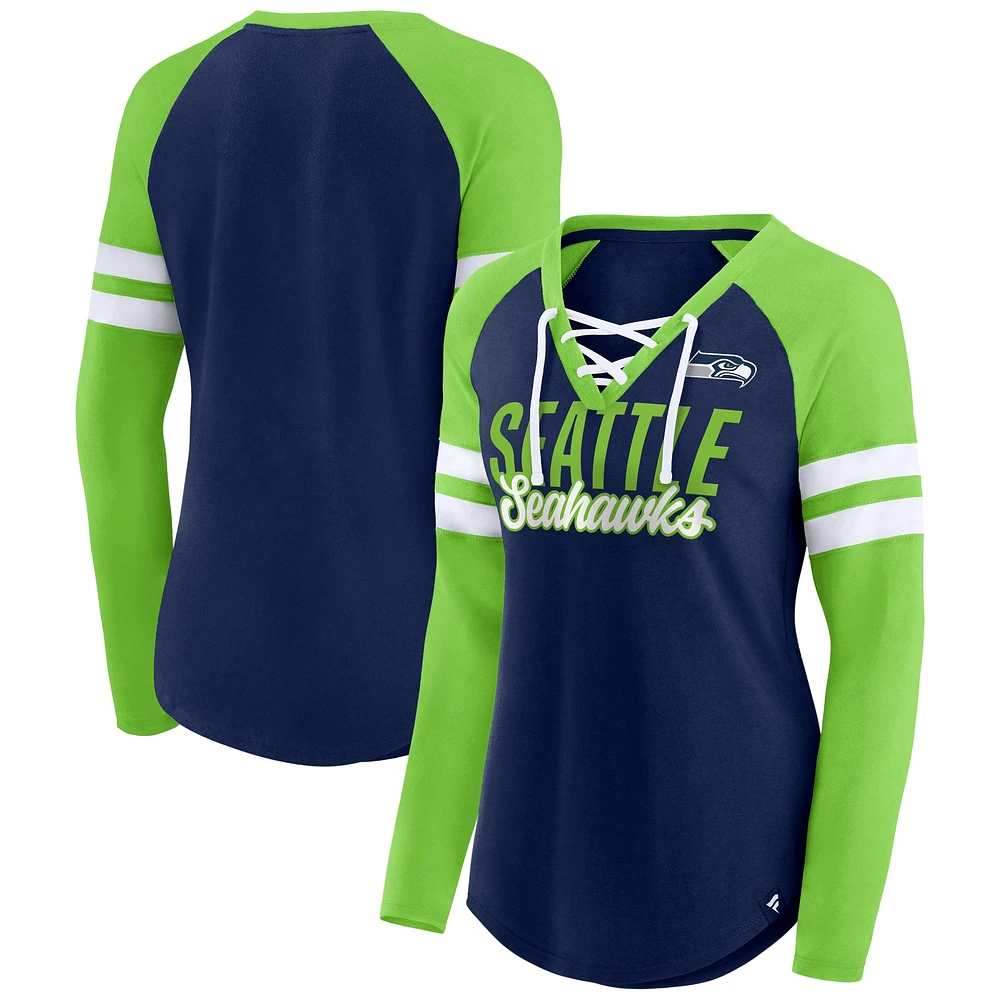 T-shirt à manches longues et col en V lacets Fanatics College pour femmes, bleu marine/vert fluo, Seattle Seahawks True to Form